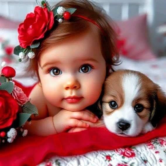 Young girl with red flower hair accessory posing with brown and white puppy