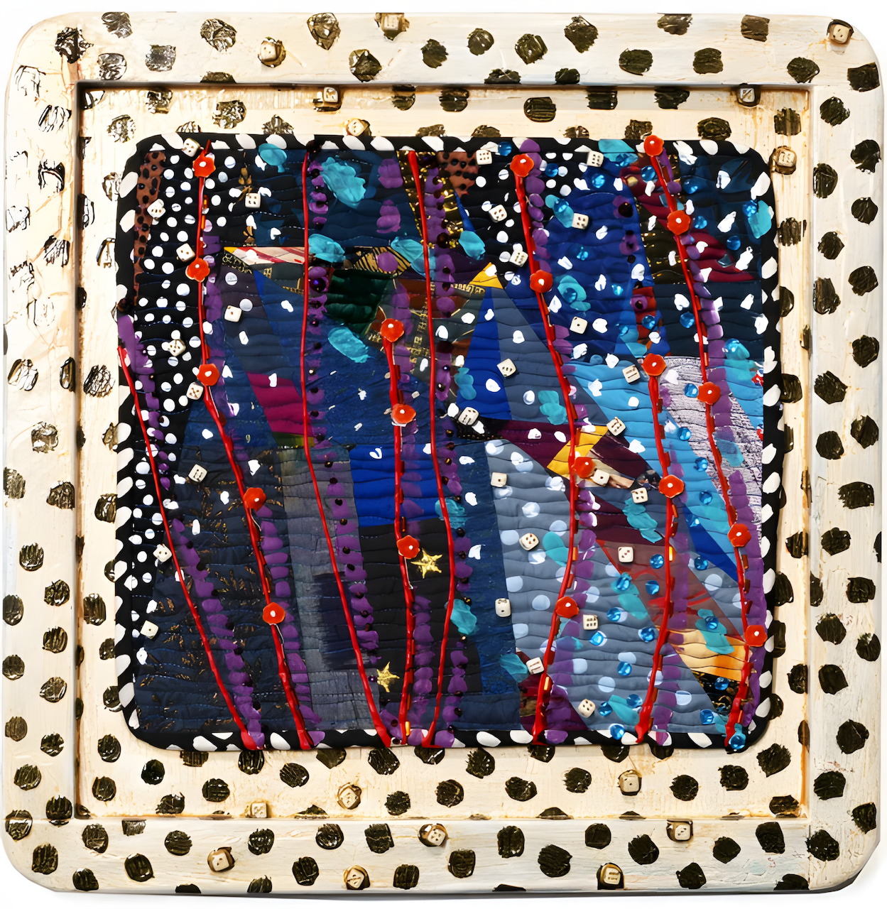 Colorful miniature art quilt with abstract vertical lines in blue, red, and purple, framed with polka dot border