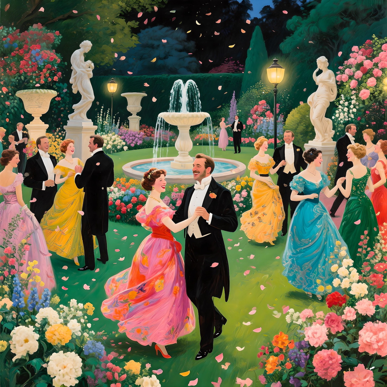 Couples in formal gowns dancing in illuminated garden at night with fountain and flower beds