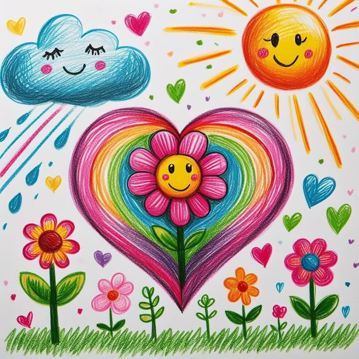 Colorful drawing of a smiling sun, cloud, flowers, and a rainbow heart with a flower in the center