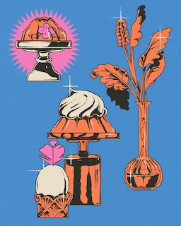 Retro illustration of five mid-century modern decorative lamps in orange, pink and cream against blue background
