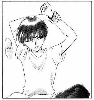 Black and white manga drawing of a young male character stretching with arms above his head