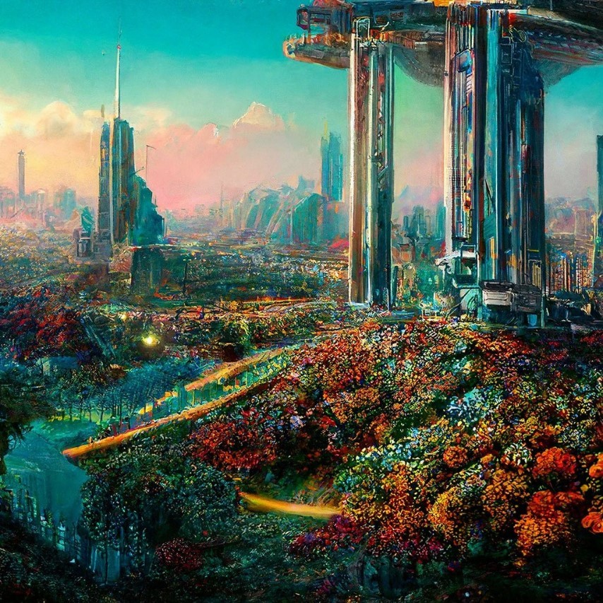 Futuristic city with tall pillars, colorful vegetation, and glowing buildings under vibrant sky
