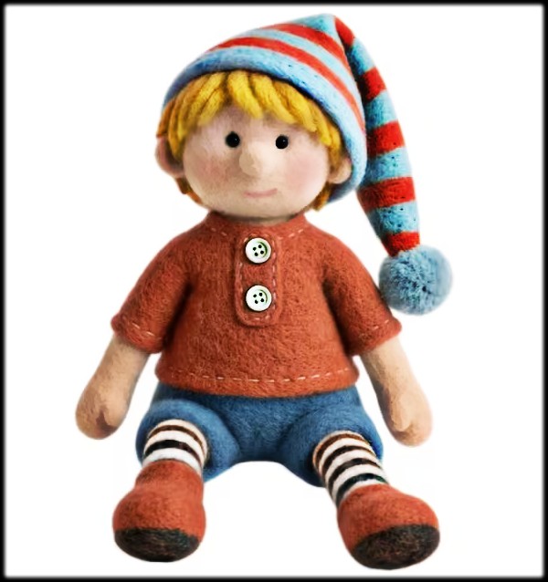 Needle-felted boy doll with striped nightcap, rust sweater, blue shorts, and striped socks