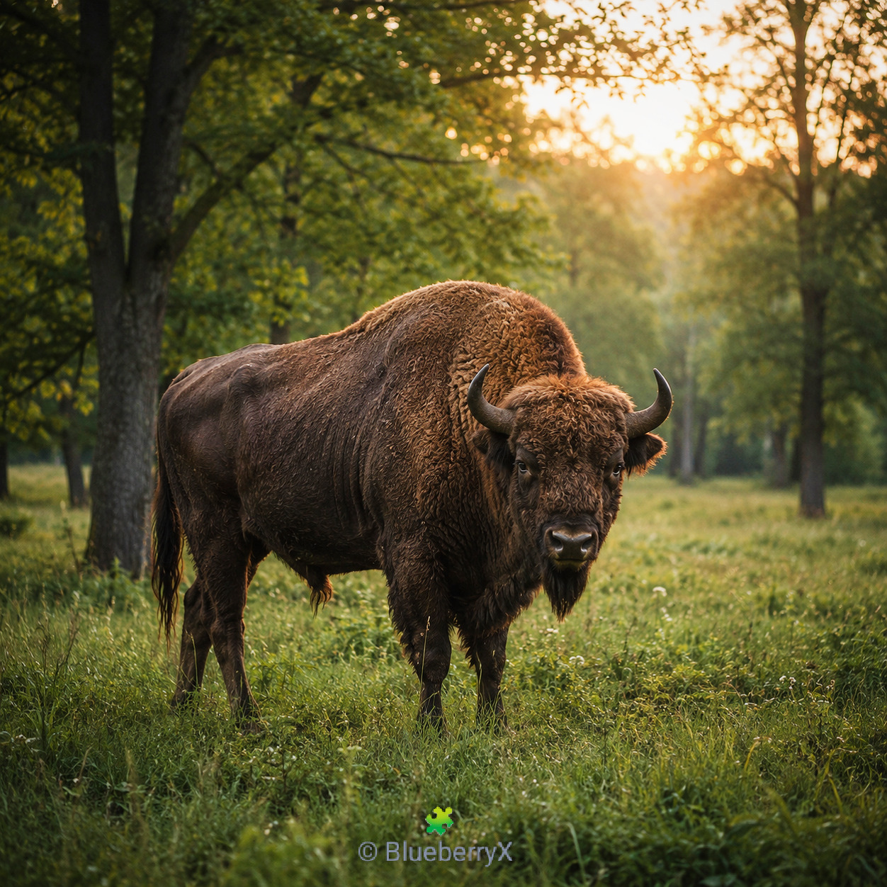 European bison standing in grassy forest at sunset