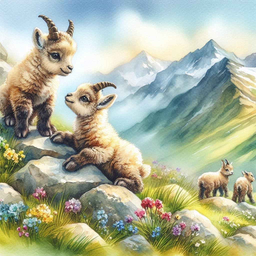 Two baby mountain goats on rocks in alpine meadow with mountains behind