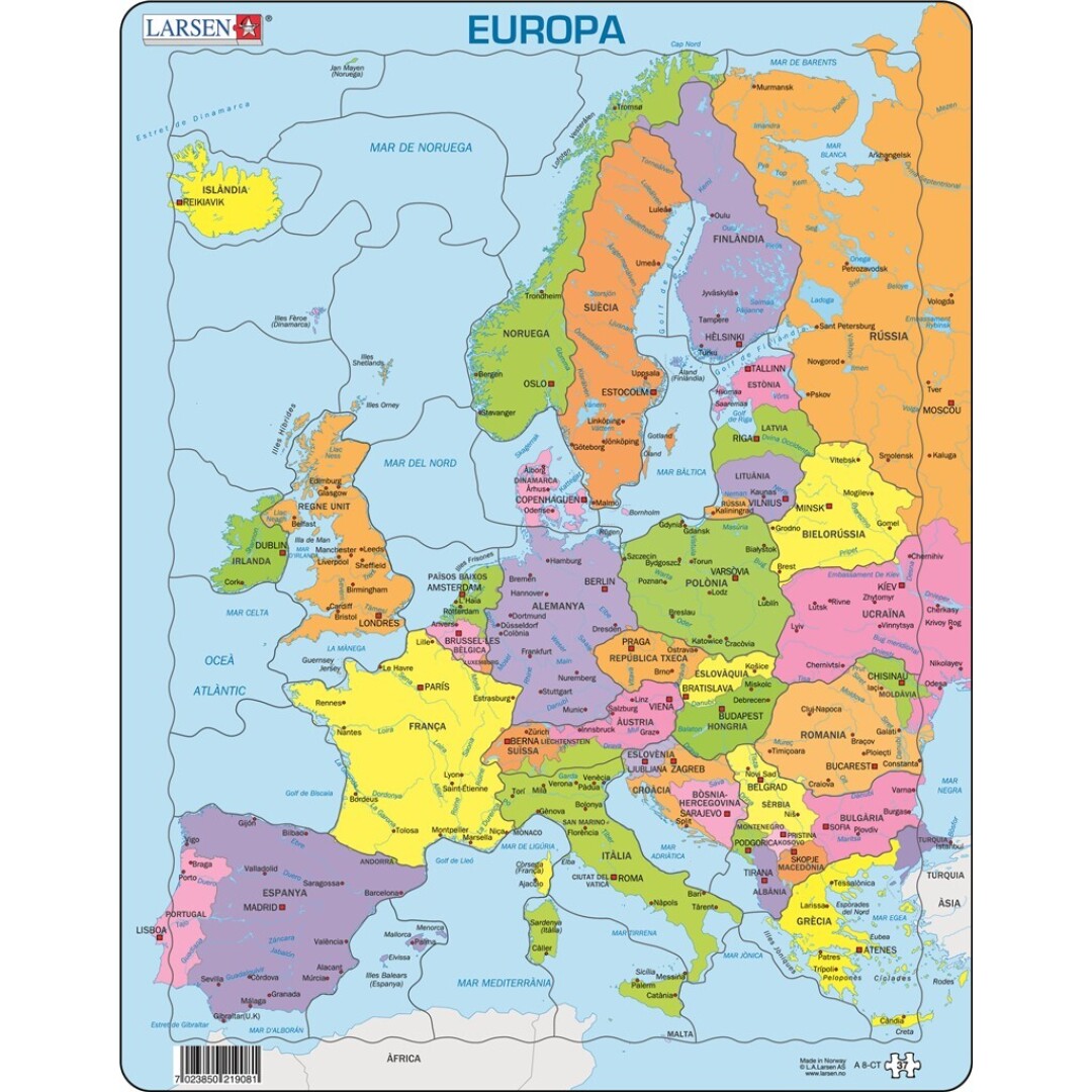 Colorful political map of Europe with countries labeled and color-coded, showing national borders and major cities