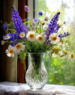 Bouquet of daisies and purple wildflowers in a crystal vase on a windowsill