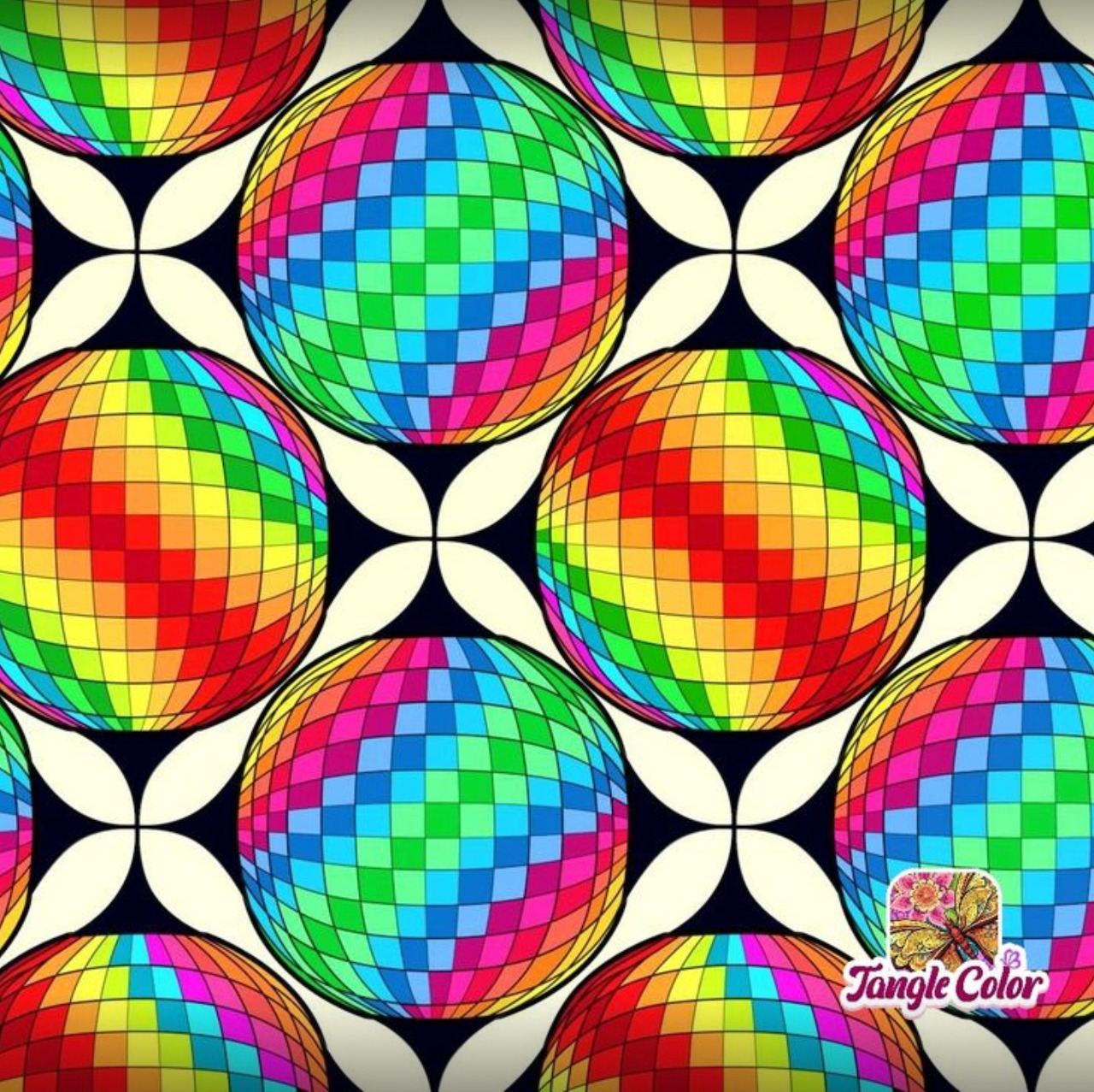 Repeating pattern of colorful rainbow spheres with geometric facets and black-white quatrefoil frames