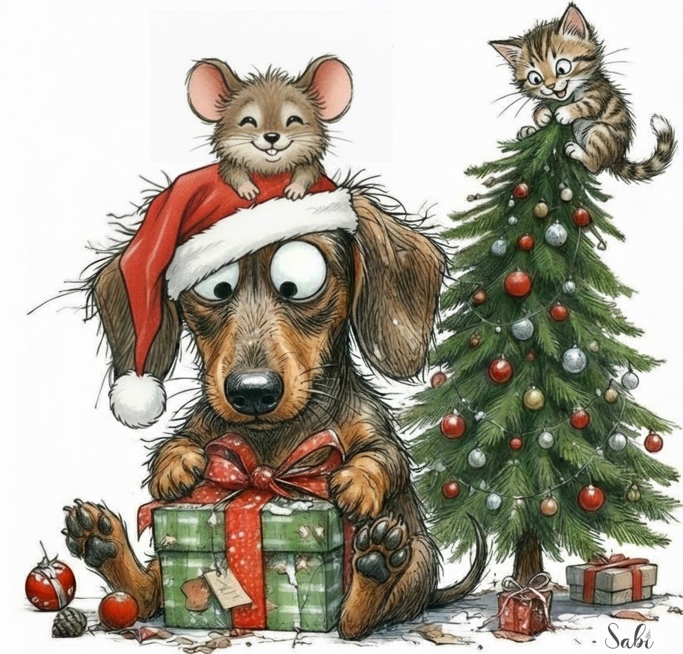 Illustration of a dachshund in a Santa hat with presents beside a Christmas tree, plus a mouse and kitten