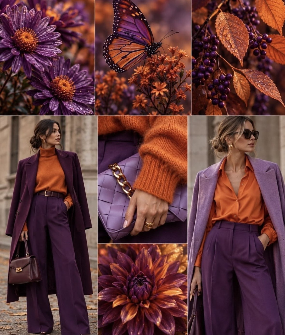 Collage of a woman in a purple suit with autumn flowers, leaves, a butterfly, and handbag.