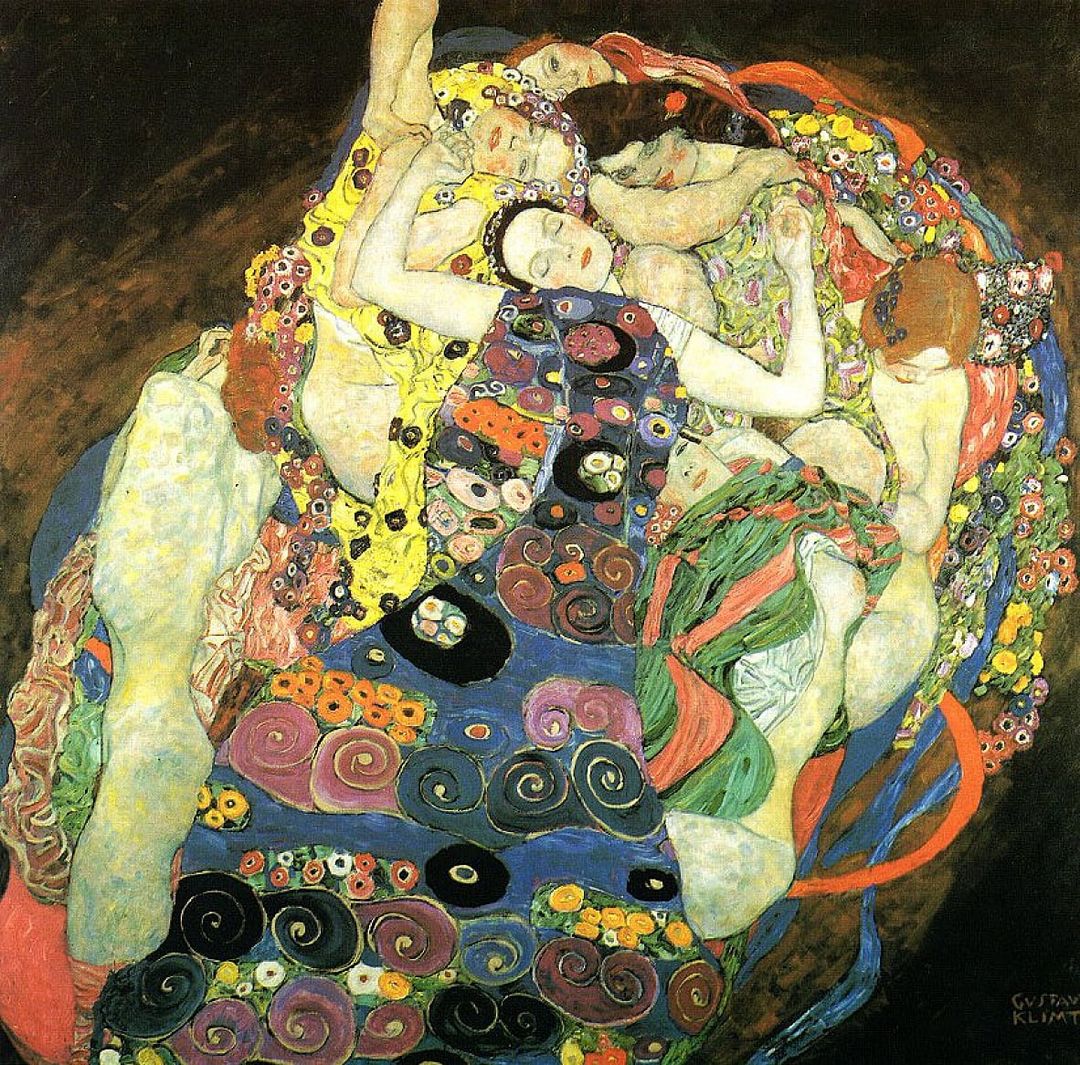 Klimt painting of women in elaborate patterned robes with flowers and ornamental designs