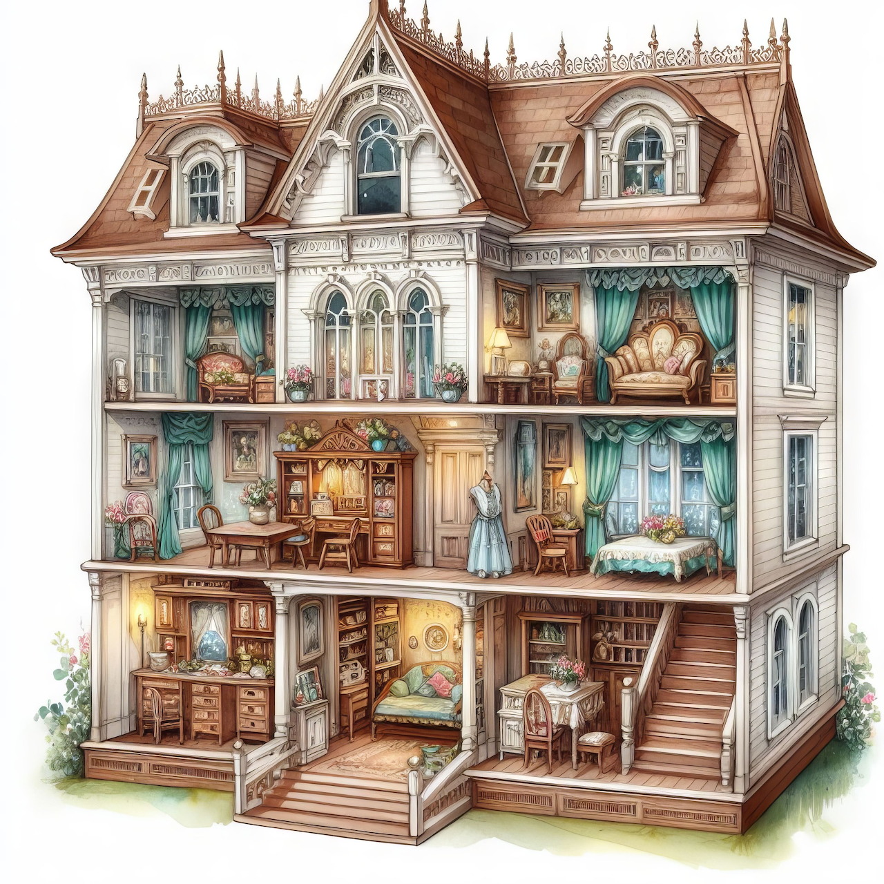 Cross-section of ornate Victorian dollhouse showing multiple furnished rooms across three floors