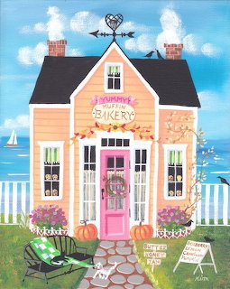 Painting of a pink seaside bakery house with flowers, a bicycle, and sailboats