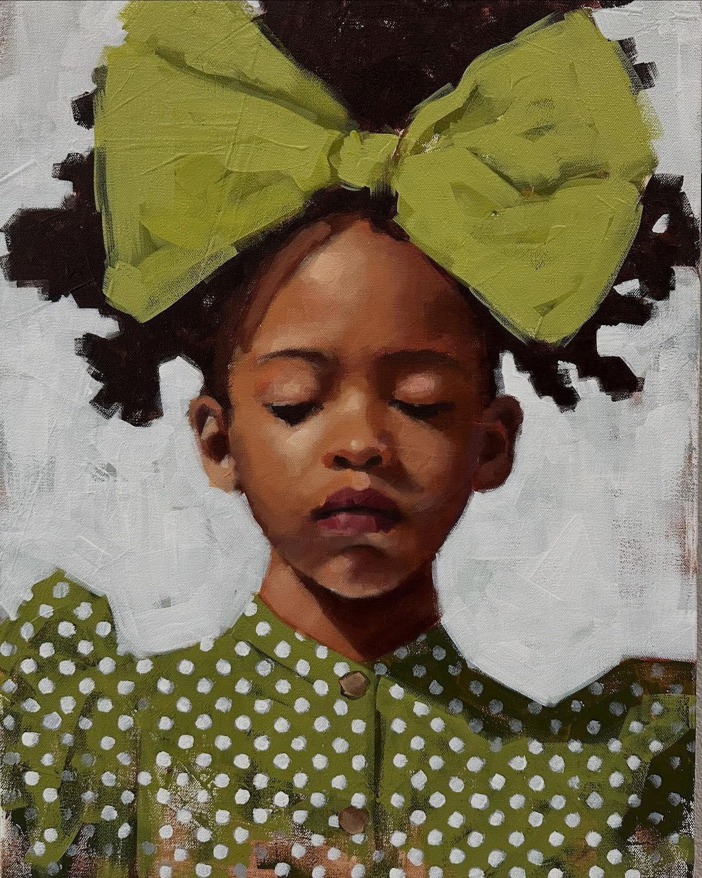 Painting of a young girl with closed eyes, a large green bow, and a green polka dot dress