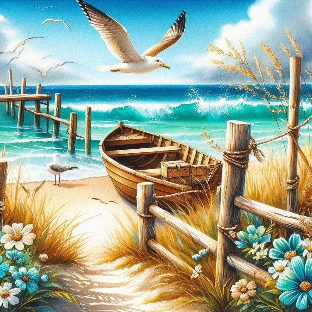 Seagull soaring above ocean waves with wooden boat on beach surrounded by flowers and wooden fence