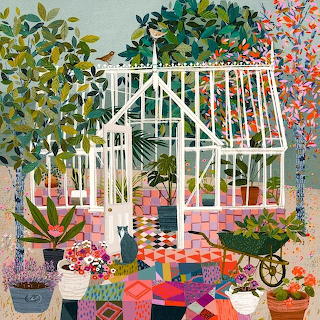 Colorful painting of a white greenhouse with potted plants, flowers, and a cat in a garden
