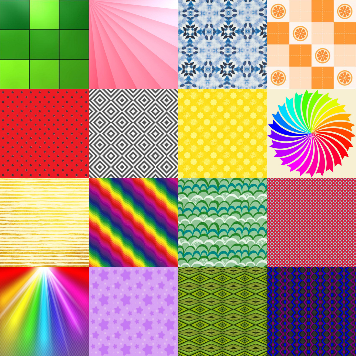 20-square grid of colorful patchwork patterns including rainbows, spirals, geometrics, and florals