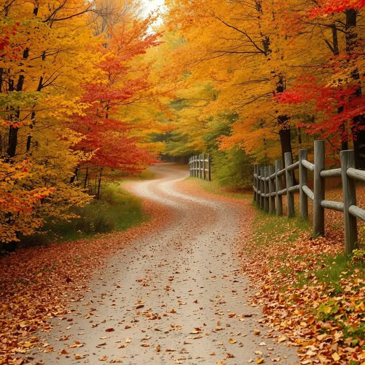 Curving dirt path through colorful autumn trees with wooden fences and fallen leaves