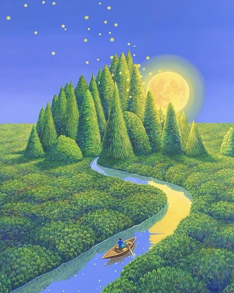 Illustrated landscape with winding stream through green hills, evergreen trees, and glowing moon in starry sky