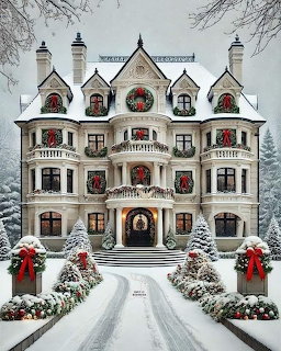 Ornate white mansion with holiday wreaths on windows, snowy driveway, decorated evergreens, and winter landscape