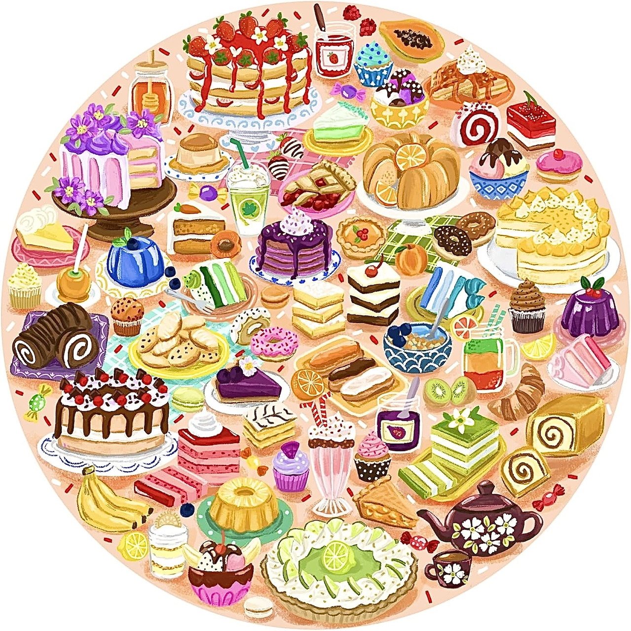 Circular arrangement of colorful illustrated desserts, cakes, cupcakes, and candies in rainbow hues
