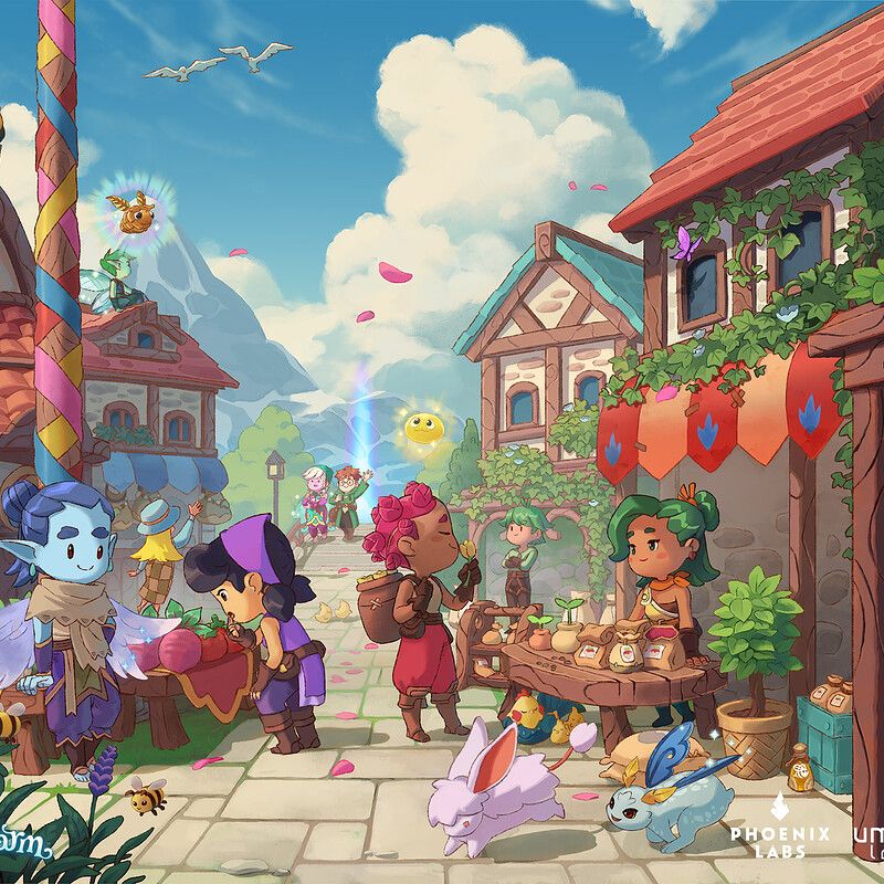 Animated village market with cartoon characters, colorful buildings, lanterns, and produce stalls