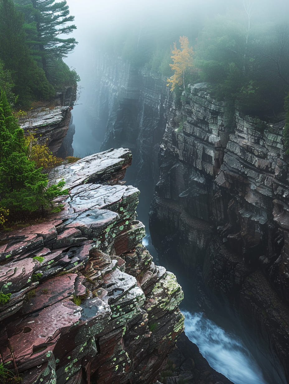 Foggy gorge with stratified rock walls, cascading water, and evergreen trees in Porcupine Mountains