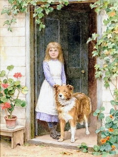 Young girl in white apron with brown and white collie dog in rustic stone doorway with flowering vines