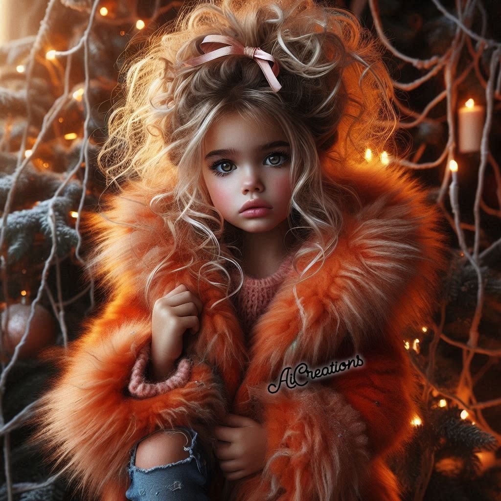 Young girl with curly hair in orange fur coat with glowing lights background