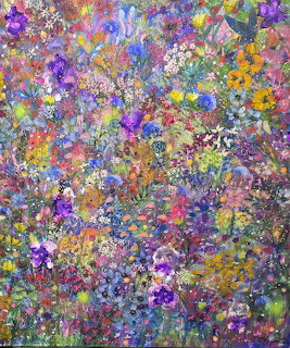 Colorful floral painting packed with dense blossoms and leaves