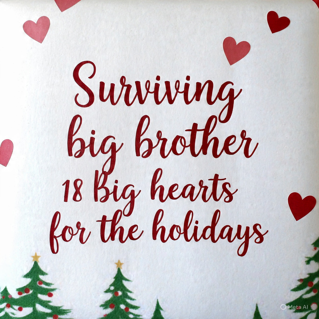 Holiday quote in red script with hearts and Christmas trees on a white background