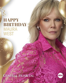 Woman with blonde hair wearing a pink lace blouse against a gold background with balloons and birthday text
