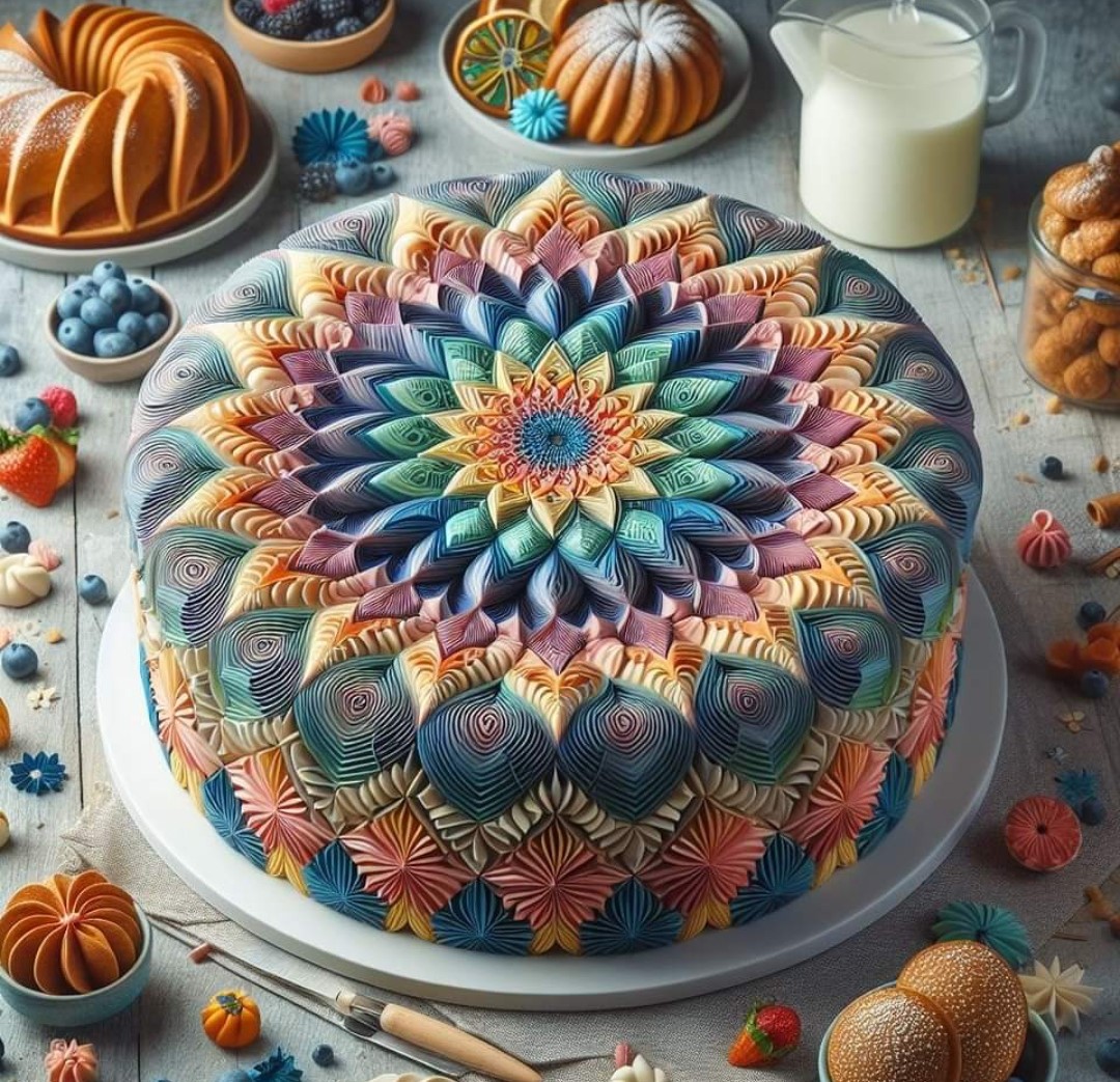 Intricately decorated cake with vibrant mandala design in blue, orange and pink frosting on white cake stand