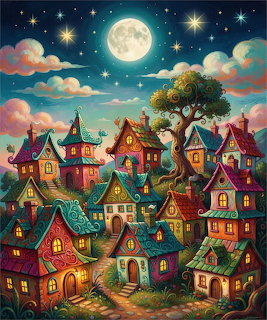 Colorful illustrated fairytale village with whimsical houses under a full moon and starry sky
