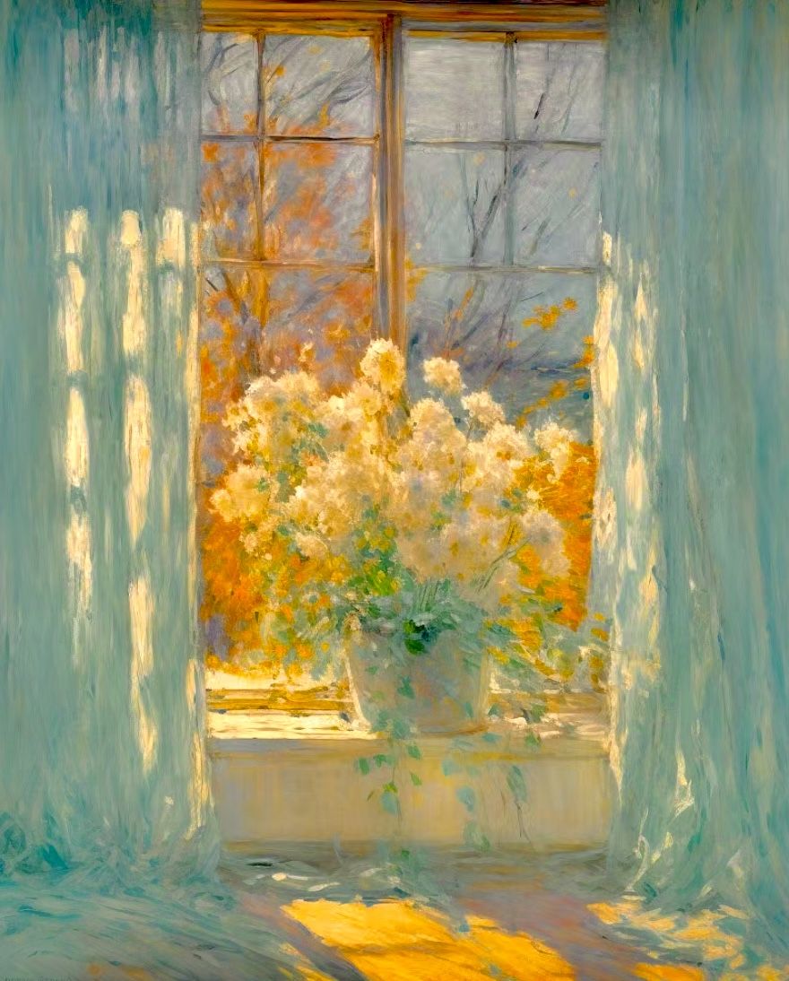 Impressionist painting of white flowers on a windowsill framed by blue curtains