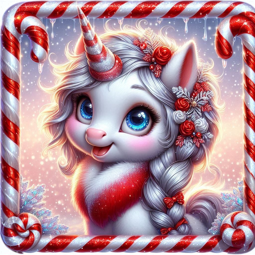 White unicorn with blue eyes holding red ornament, surrounded by candy canes and Christmas decorations