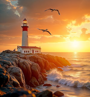 Red and white lighthouse on rocky shore at sunset with seagulls flying and waves crashing