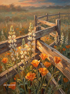 Painting of a rustic wooden fence with wildflowers in a field at sunset