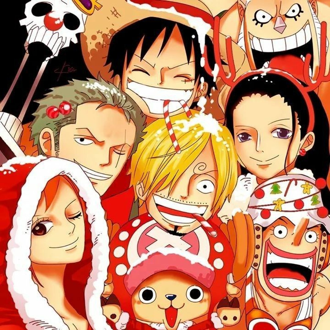 One Piece anime characters wearing Santa hats and Christmas outfits, group portrait with cheerful expressions