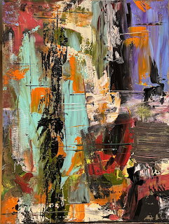 Abstract expressionist painting with colorful layered brushstrokes in orange, turquoise, red, and black