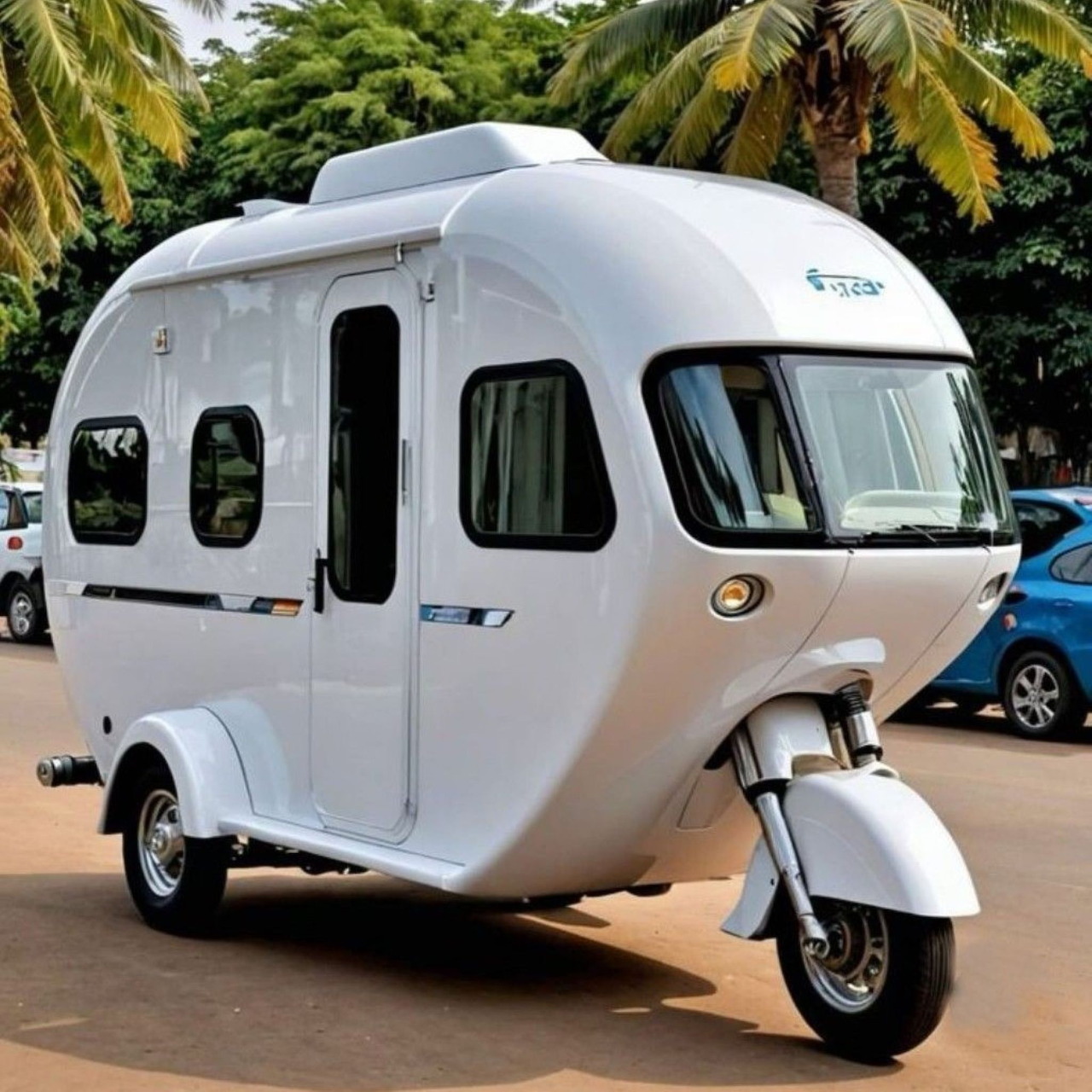 Small white three-wheel RV trailer with rounded body and windows parked outside