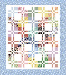 Colorful geometric patchwork quilt with interlocking squares and floral prints