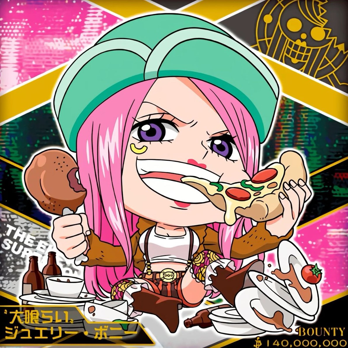 Anime character with pink hair and turquoise hat enthusiastically eating pizza slice