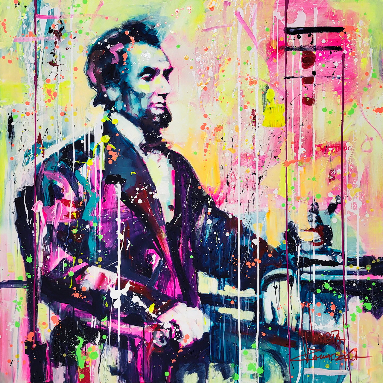 Colorful abstract watercolor painting of Abraham Lincoln with vibrant paint drips and splashes