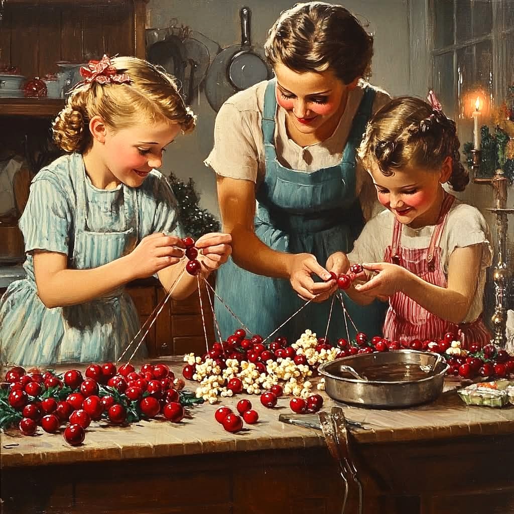 Mother and daughters stringing cranberries and popcorn garlands together at table