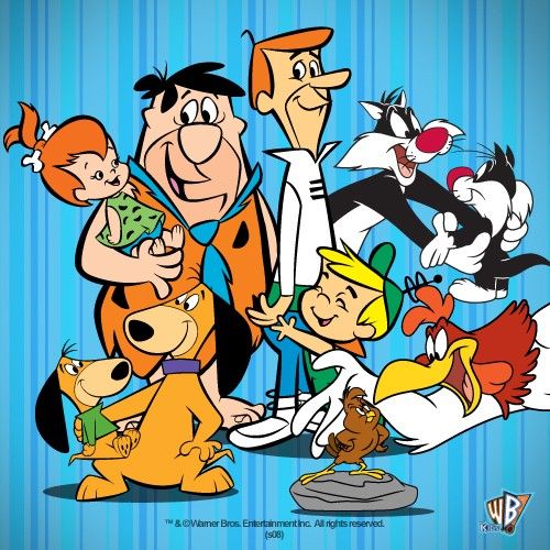Cartoon characters from Flintstones and Jetsons in group portrait with pets