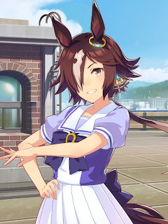 Anime horse girl with brown hair and ears wearing a sailor uniform posing on a rooftop