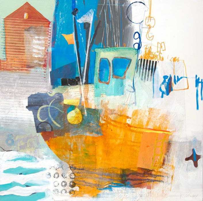 Abstract painting of boat with orange hull and blue sail in mixed media style