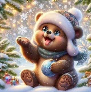Cute illustrated bear cub in snow wearing a winter hat and holding a blue ornament